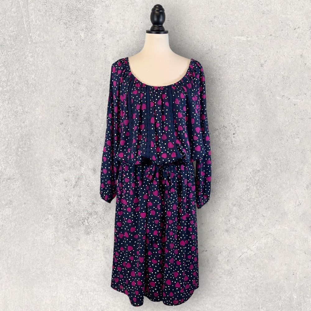 Vicky Tiel Blue Off Shoulder Dress Pink Heart Print Lace Trim Sleeve, Size 1X